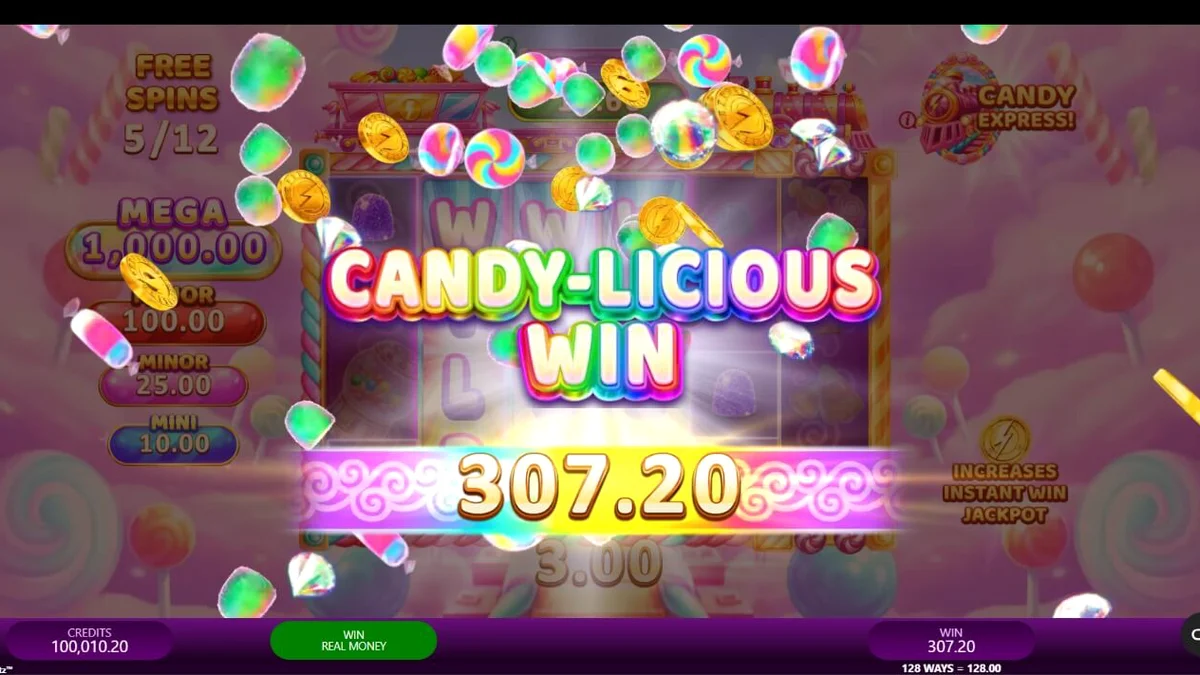 Giao diện rực rỡ của trò chơi Candy Express Gold Blitz với đoàn tàu kẹo ngọt