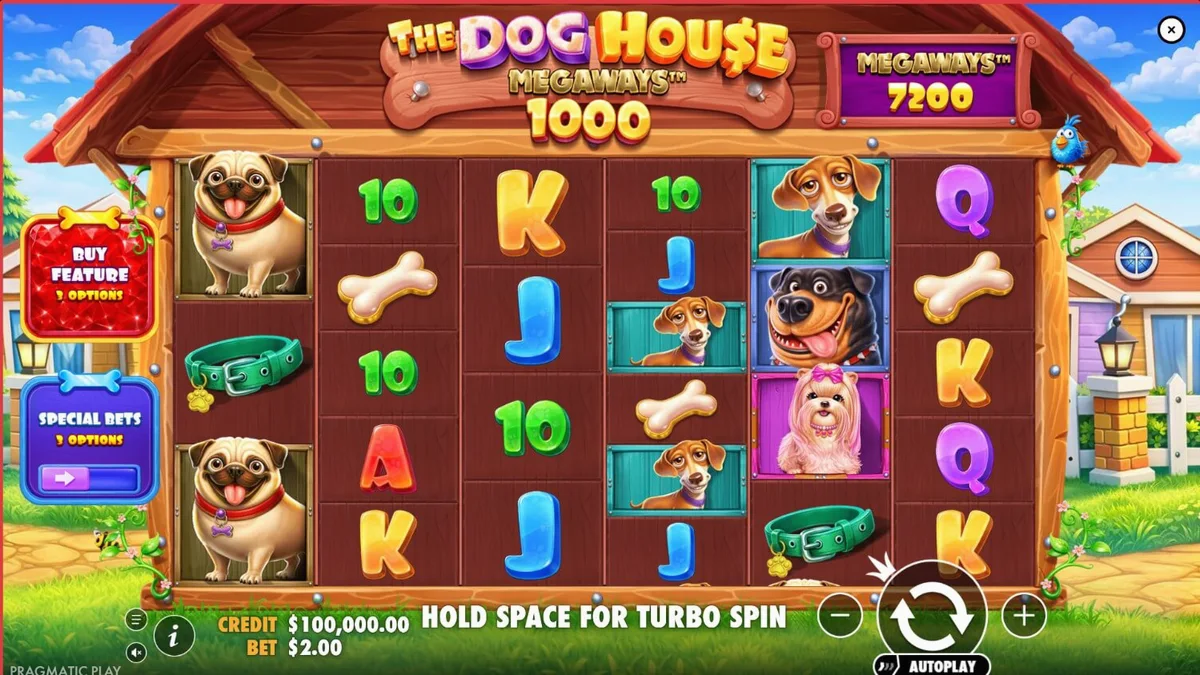 Giao diện trò chơi The Dog House Megaways 1000 với các chú chó đáng yêu