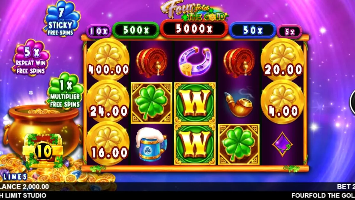 Giao diện trò chơi Fourfold the Gold với chủ đề yêu tinh Ireland trong không gian vũ trụ